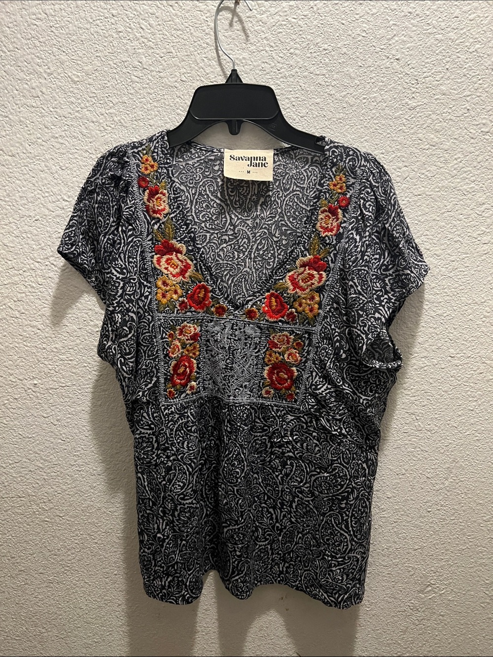 Savanna Jane Black Paisley Blouse with Red & Yellow Floral Embroidery